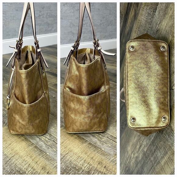 Michael Kors metallic gold Jet Set East West travel monogram logo tote - Picture 4 of 8